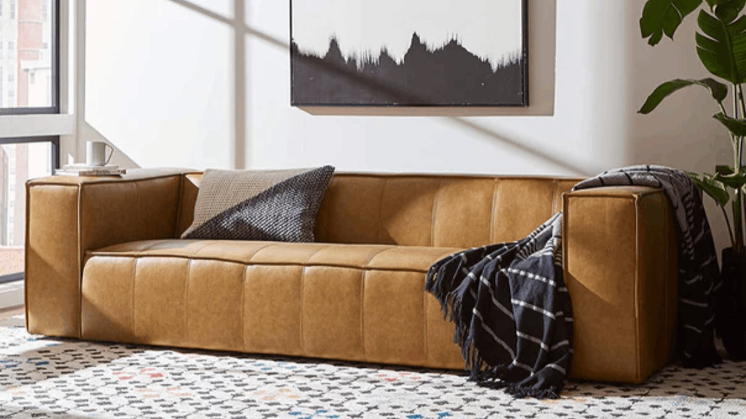 Baree | Large Boxy Leather 3.5 Seater Sofa Caramel