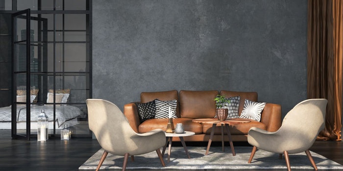 Industrial living room design with leather sofa