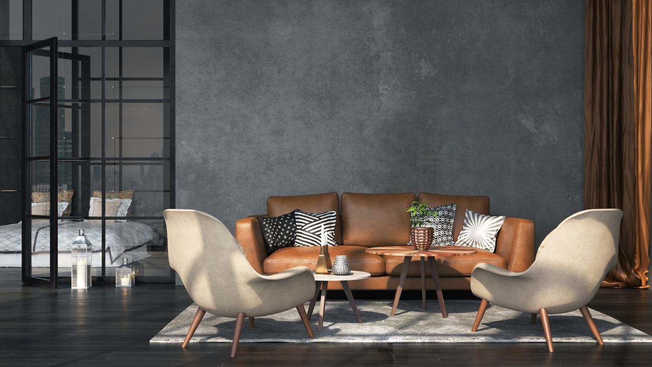 Industrial living room design with leather sofa