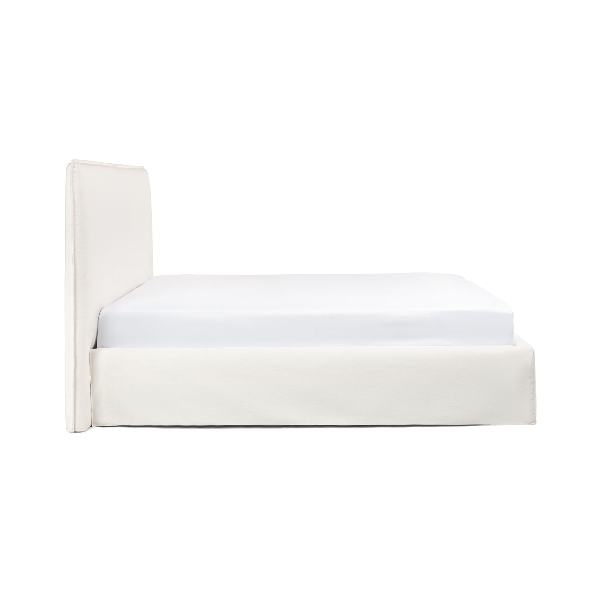 White linen platform bed deals